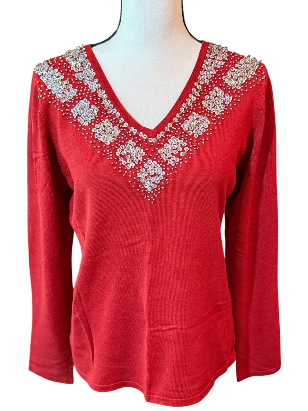 Women's Red V-Neck Long Sleeve Knit Top with Crystal Embellishments